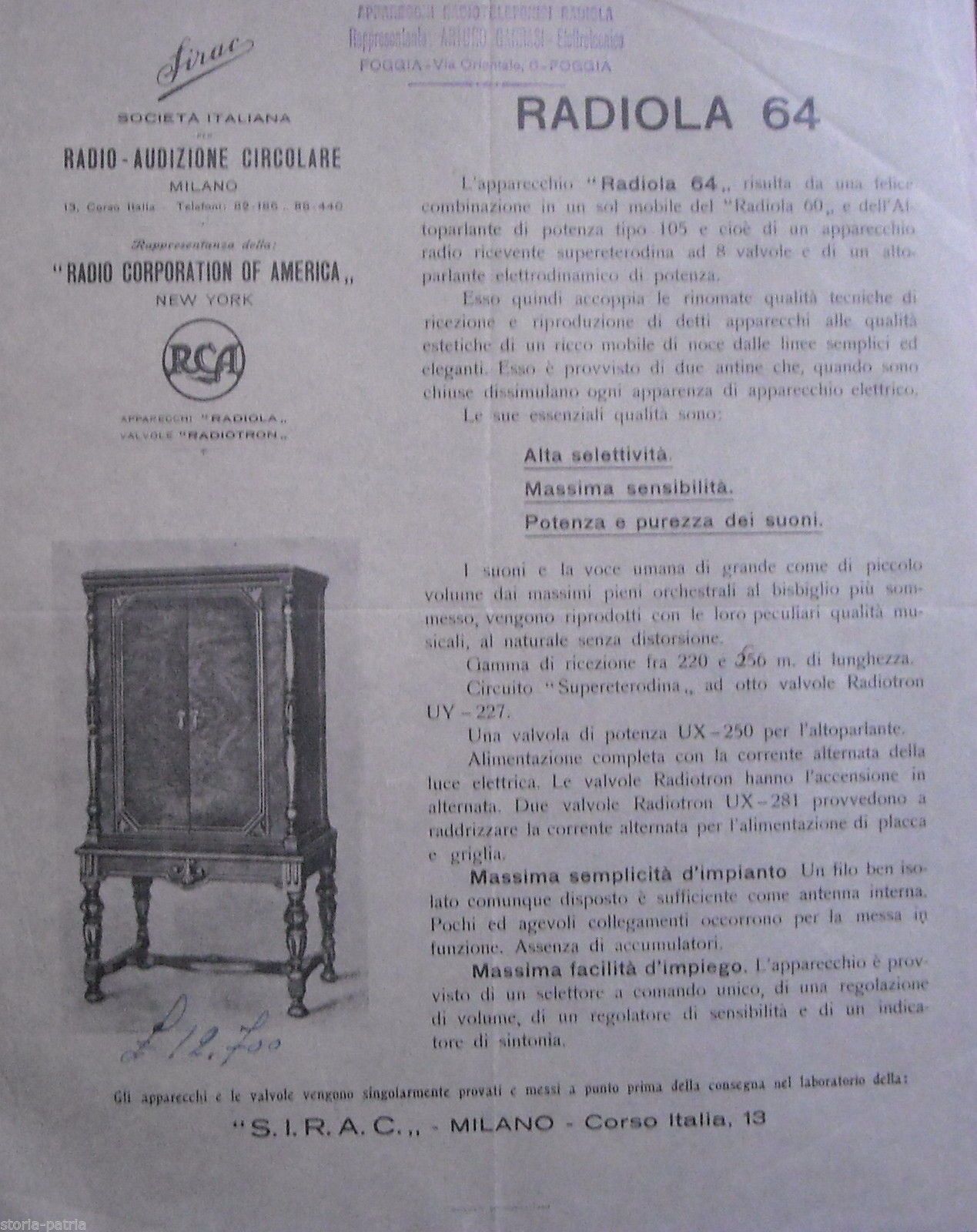 Volantino Pubblicitario Radiola 64 RCA SIRAC Milano Anni '30