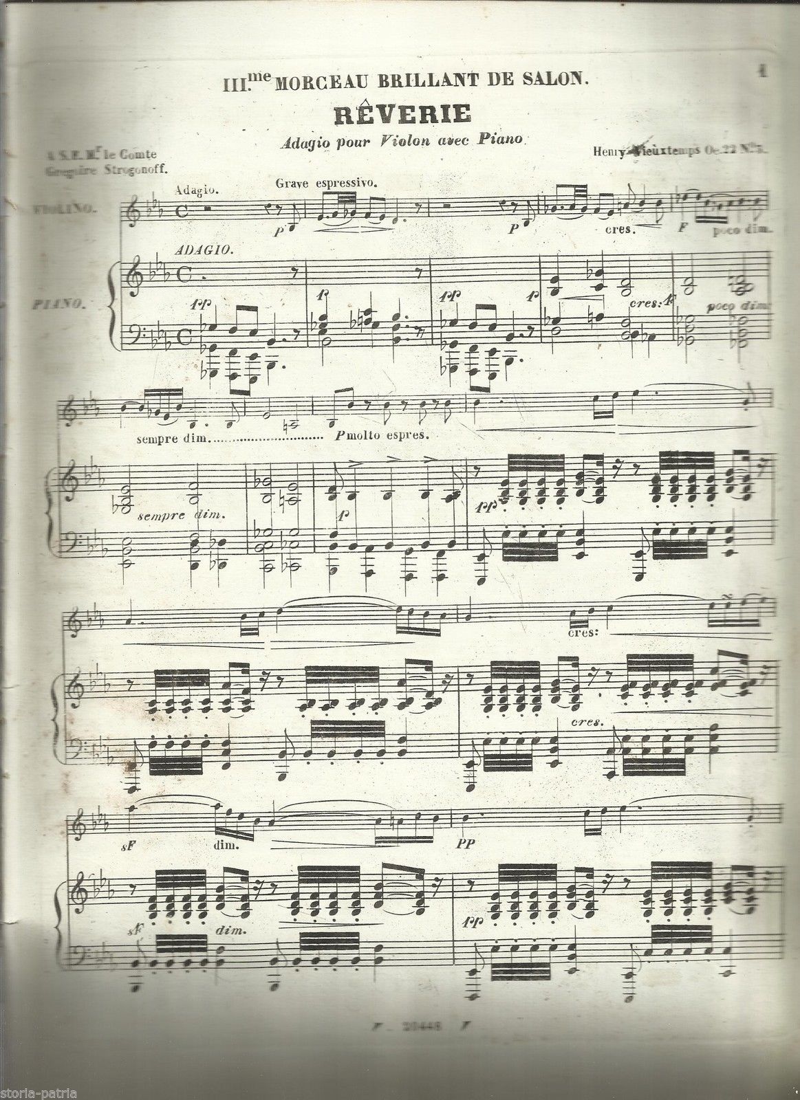 Reverie. Vieuxtemps Op. 22. Spartito Antico Violino E Piano. 1800