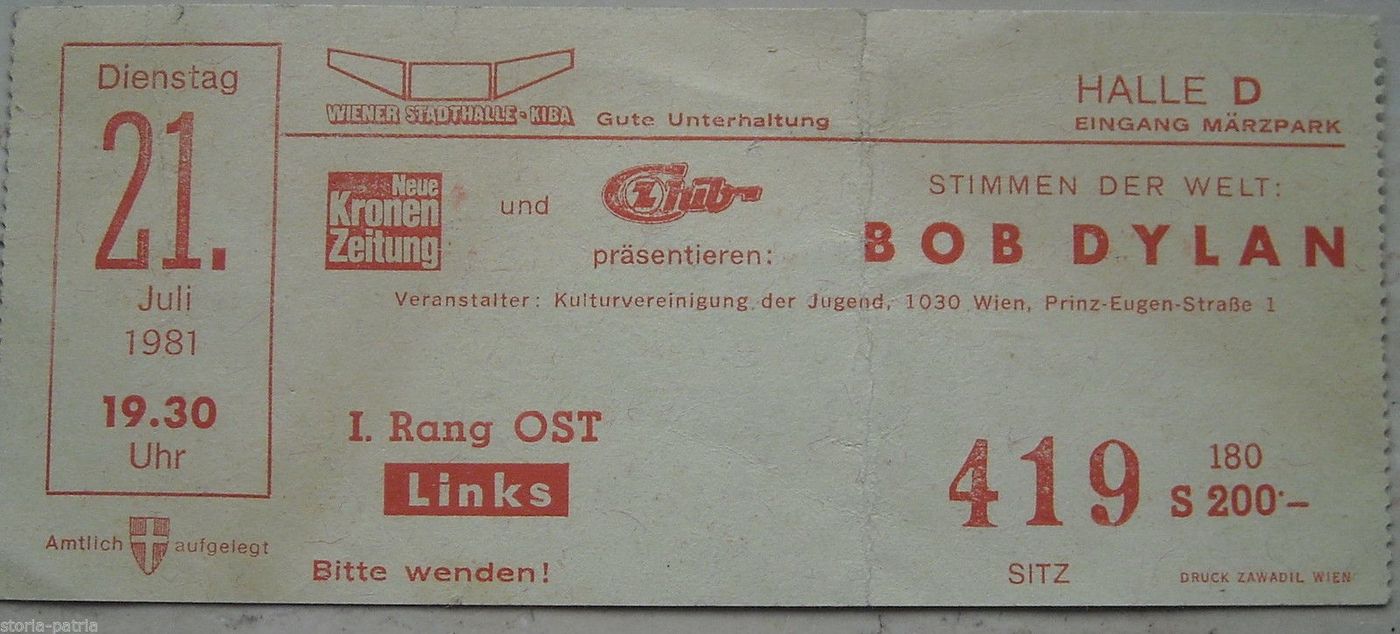 Biglietto Concerto Bob Dylan Vienna 21 Luglio 1981