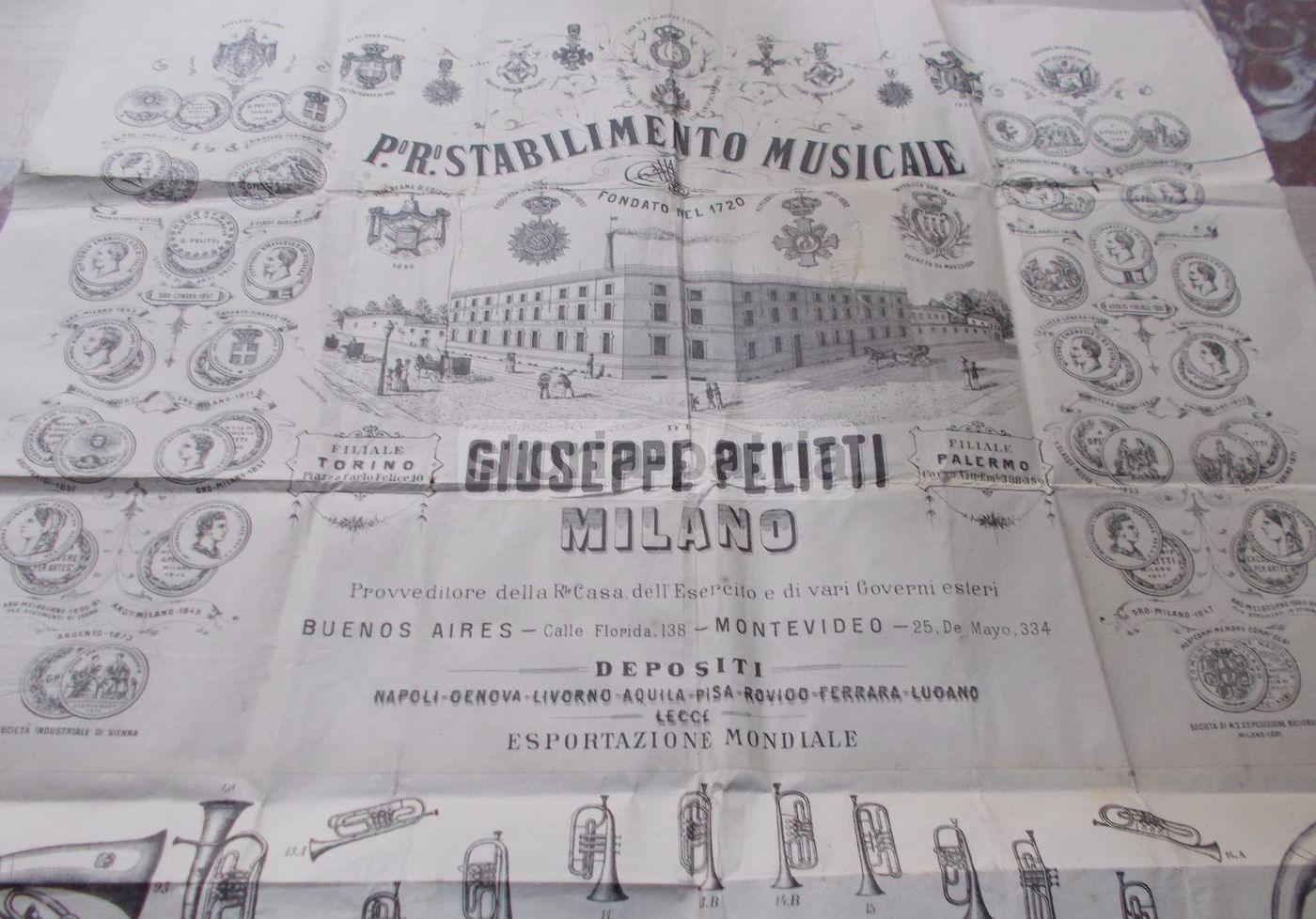 Manifesto Pubblicitario Pelitti Milano Strumenti Musicali 1800