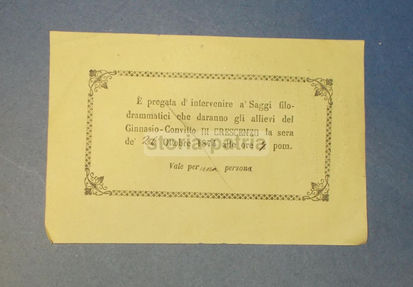 Biglietto Teatro Filodrammatica Convitto Di Crescenzo Napoli 1874