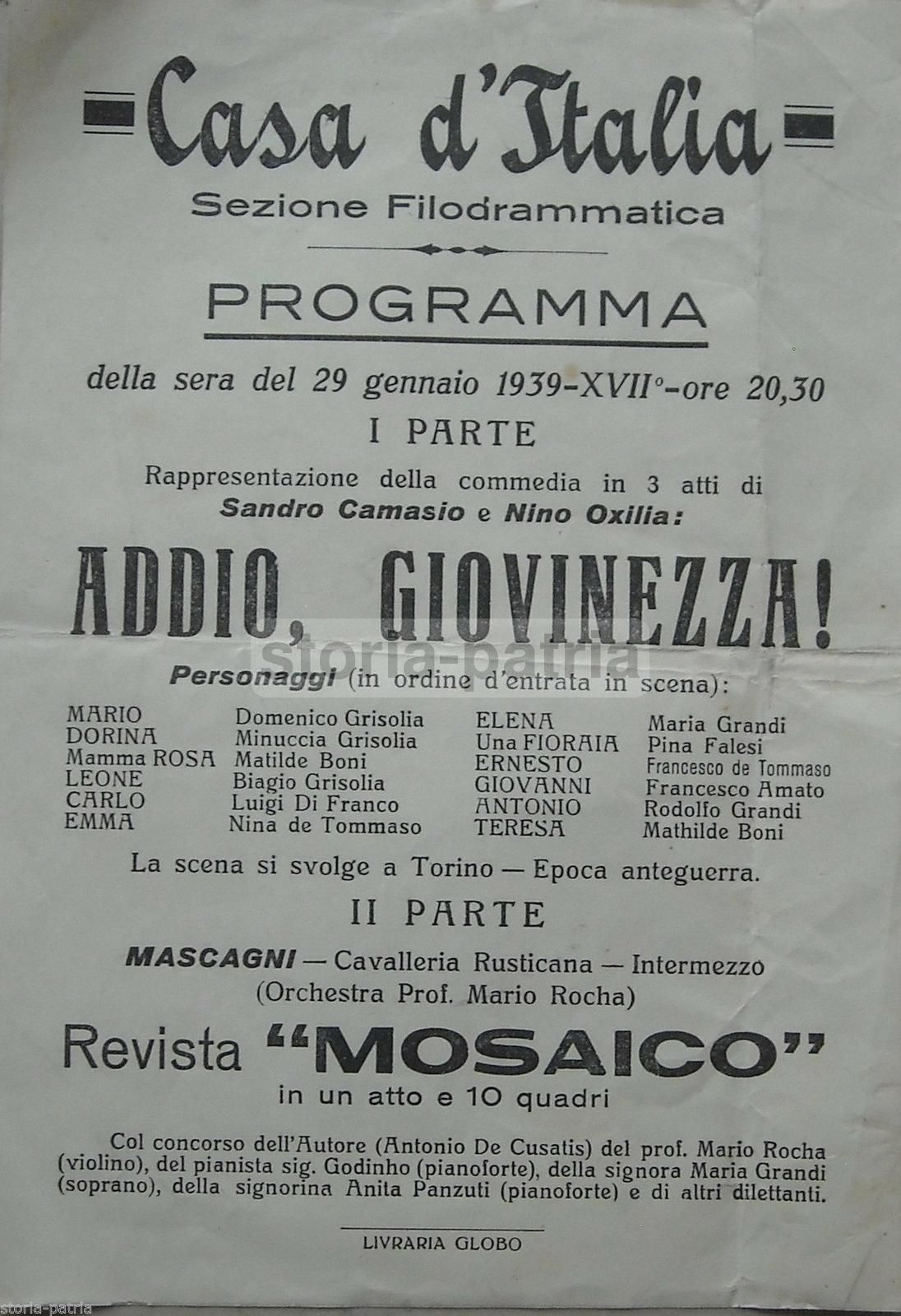 Programma Teatro Casa d'Italia 1939: Addio Giovinezza, Torino