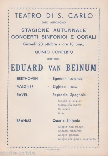 Manifesto Teatro San Carlo, Napoli. Concerto Eduard Van Beinum, Prima Metà Del '900