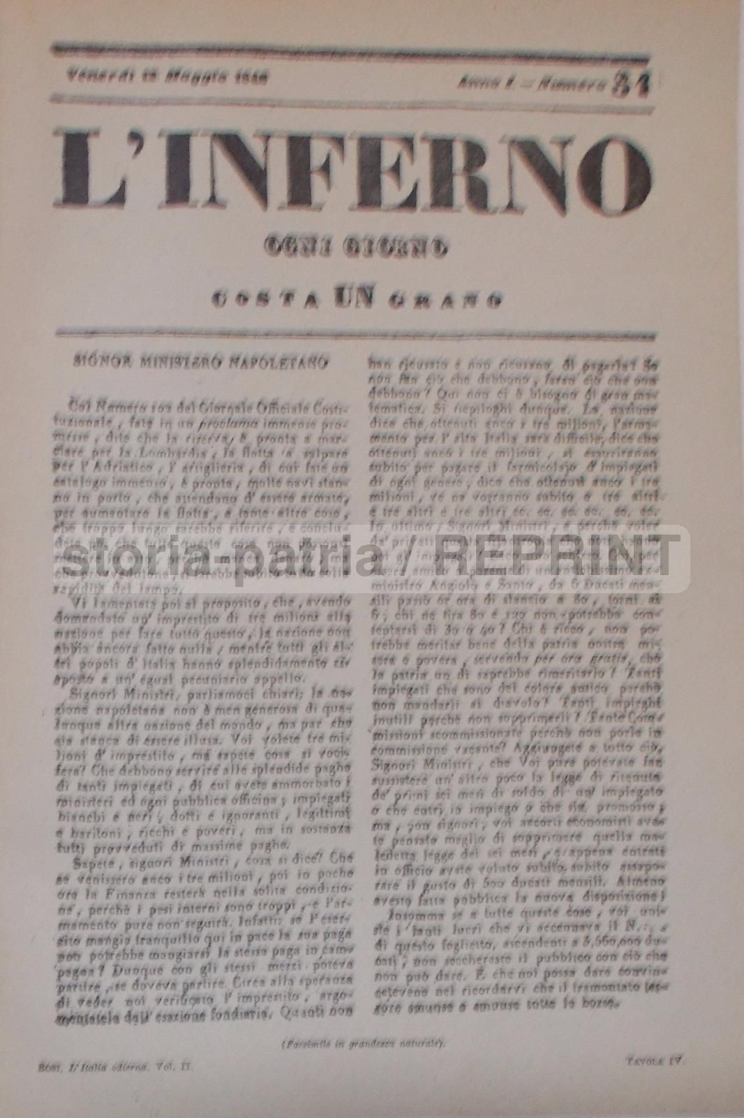 Giornale L'Inferno 1848 Napoli: Ristampa Utet Del 1923
