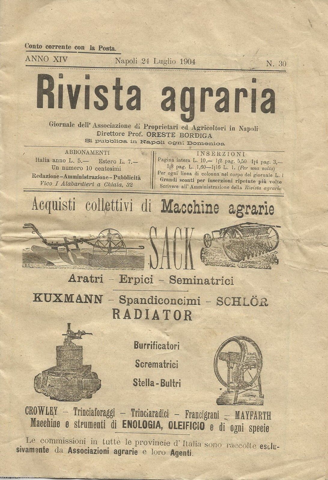 Rivista Agraria, Napoli 1904, Bordiga: Cereali, Vino E Mercati Della Puglia