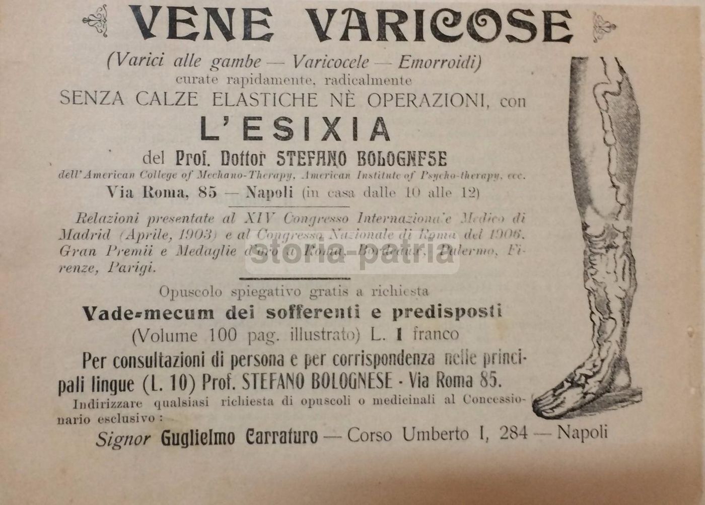 Pubblicità Antica Esixia Dr. Bolognese Napoli 1912 Vene Varicose