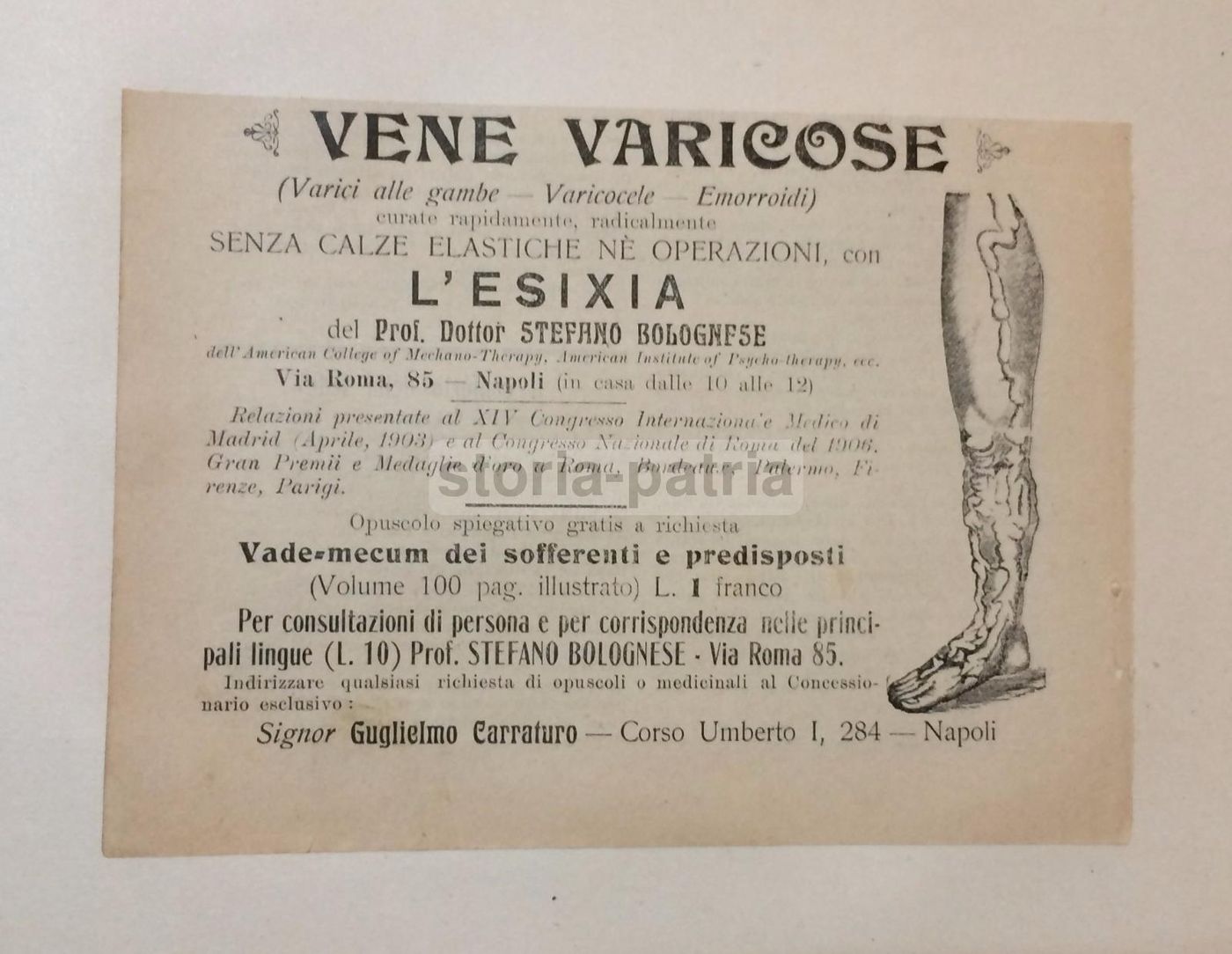 Pubblicità Antica Esixia Dr. Bolognese Napoli 1912 Vene Varicose