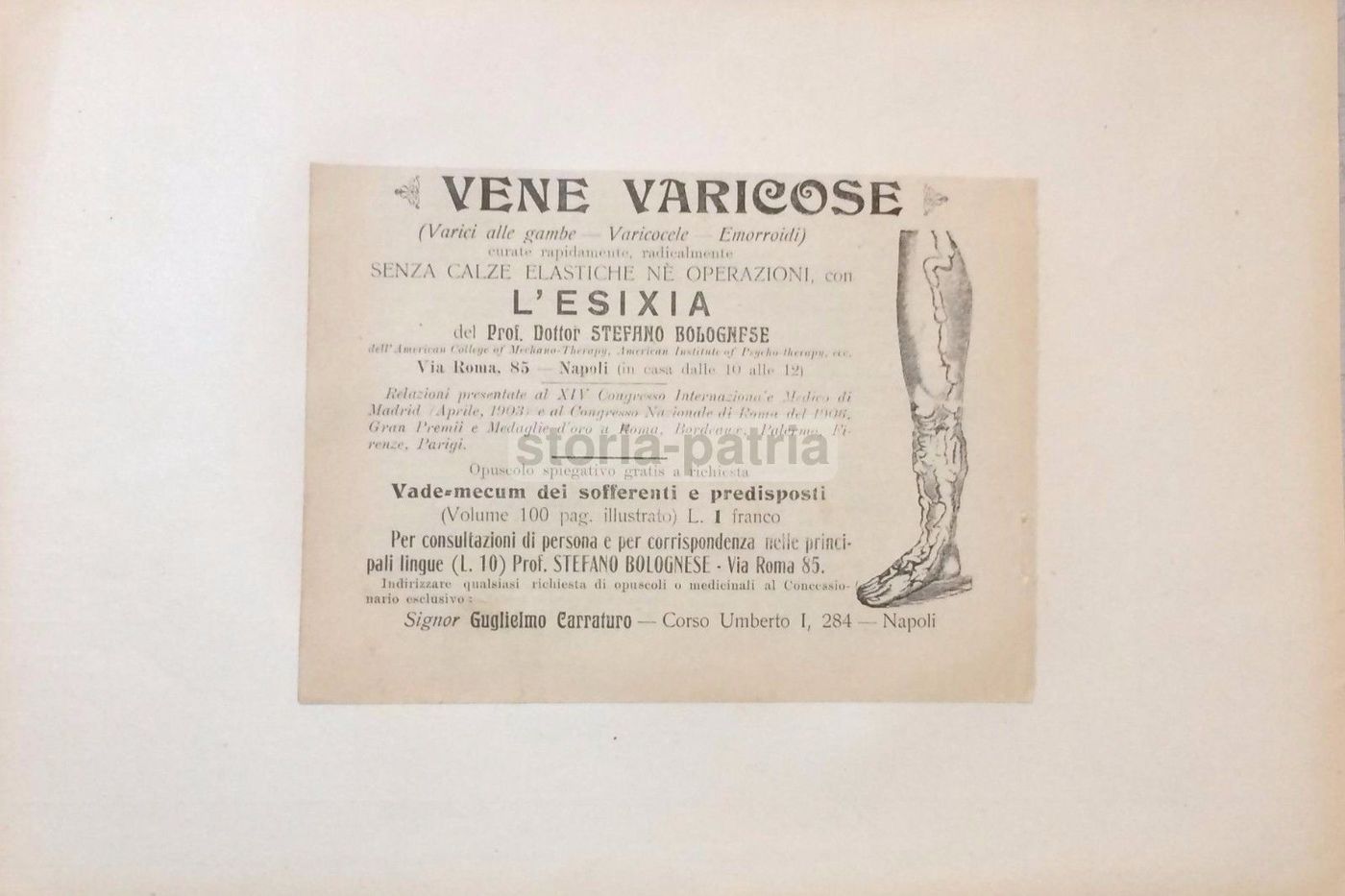 Pubblicità Antica Esixia Dr. Bolognese Napoli 1912 Vene Varicose