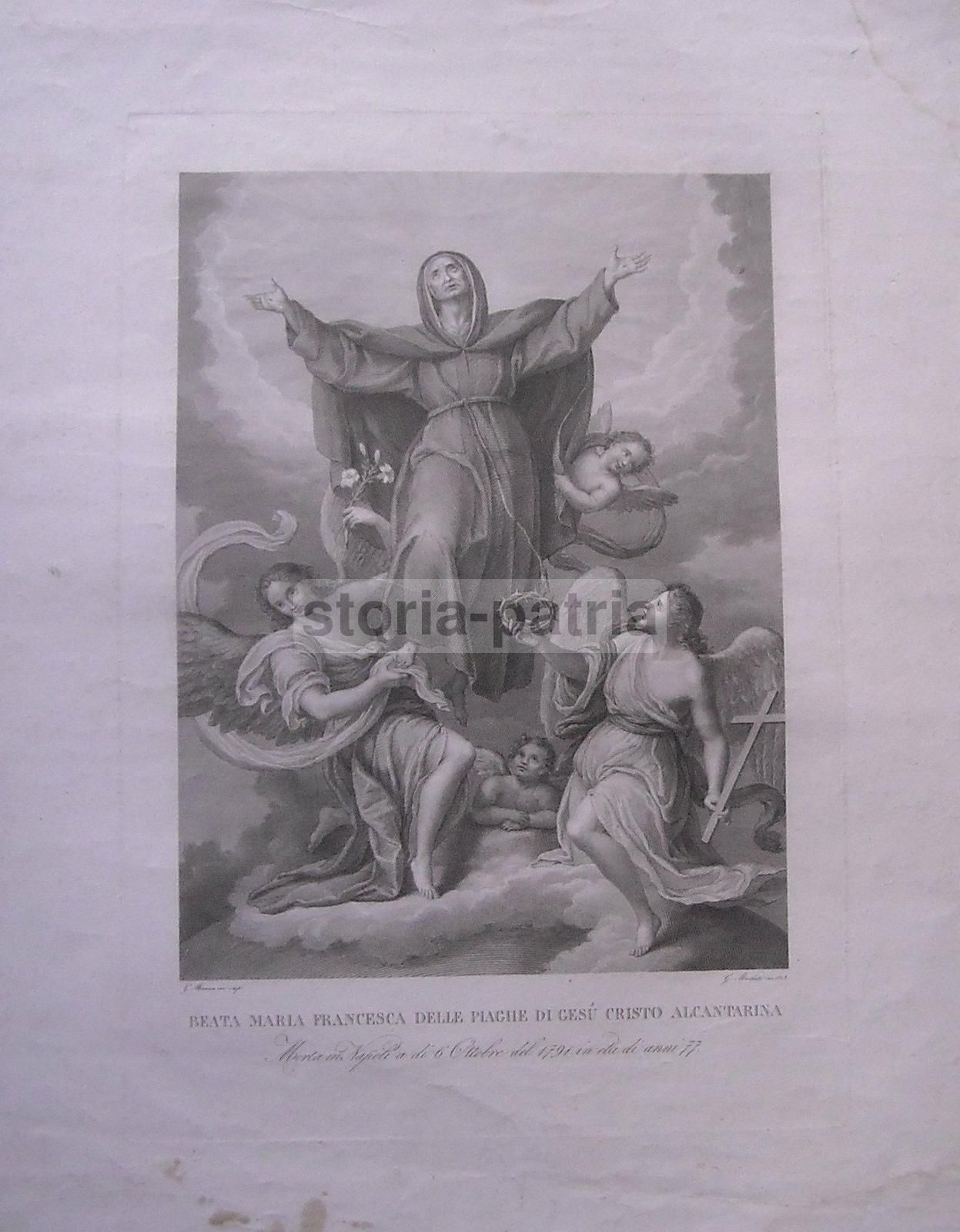 Antica Incisione Santa Maria Francesca Delle Cinque Piaghe, 1843