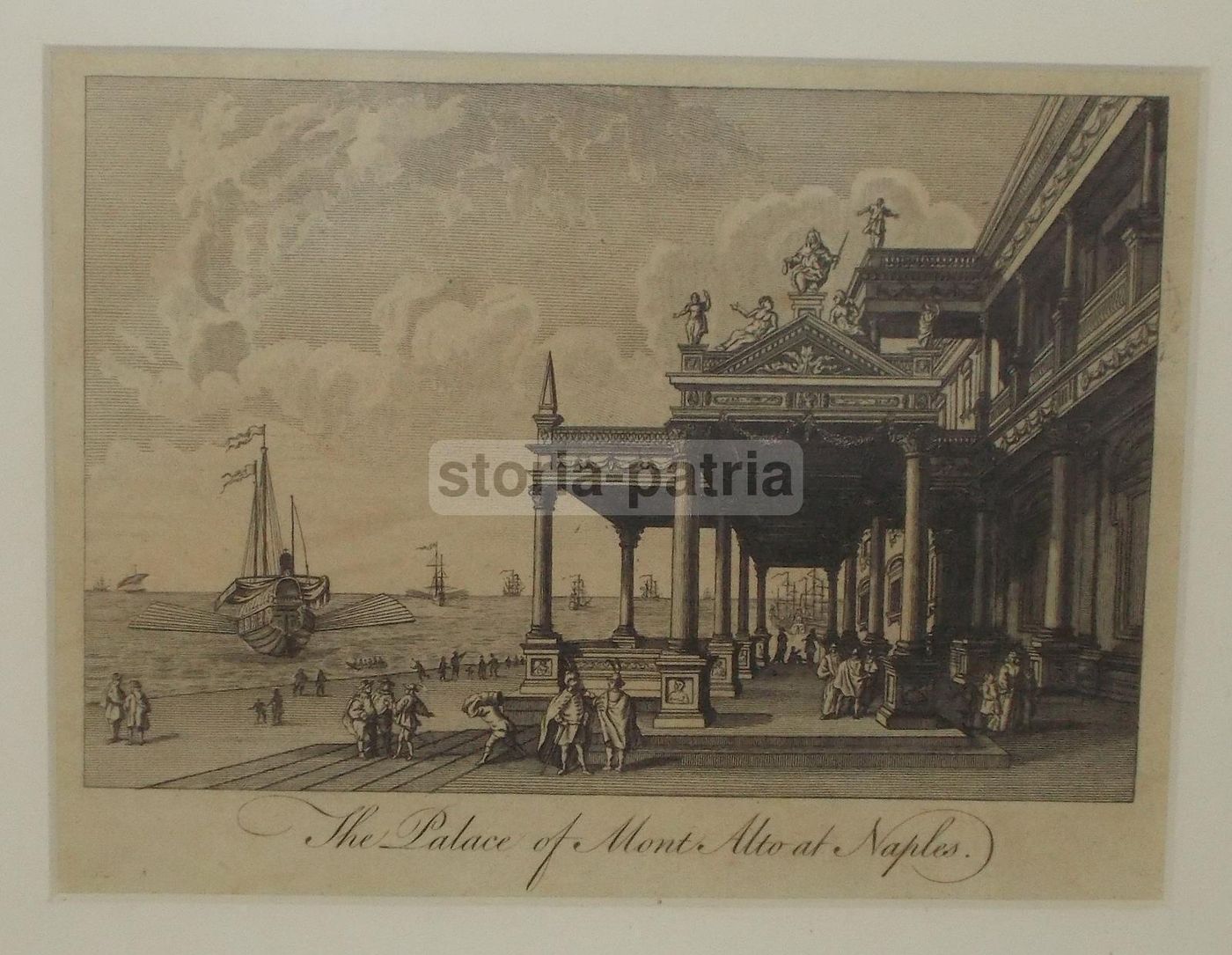 Incisione Antica Del Palazzo Montalto A Napoli Con Veduta Del Porto E Velieri, XVIII Secolo