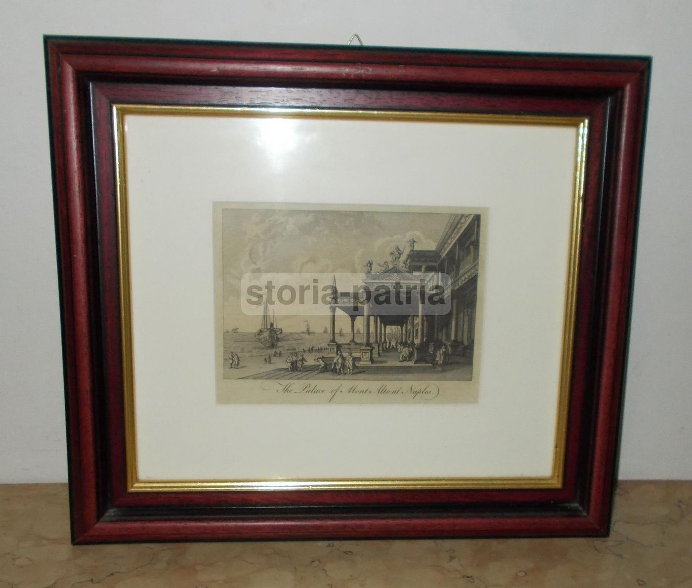 Incisione Antica Del Palazzo Montalto A Napoli Con Veduta Del Porto E Velieri, XVIII Secolo