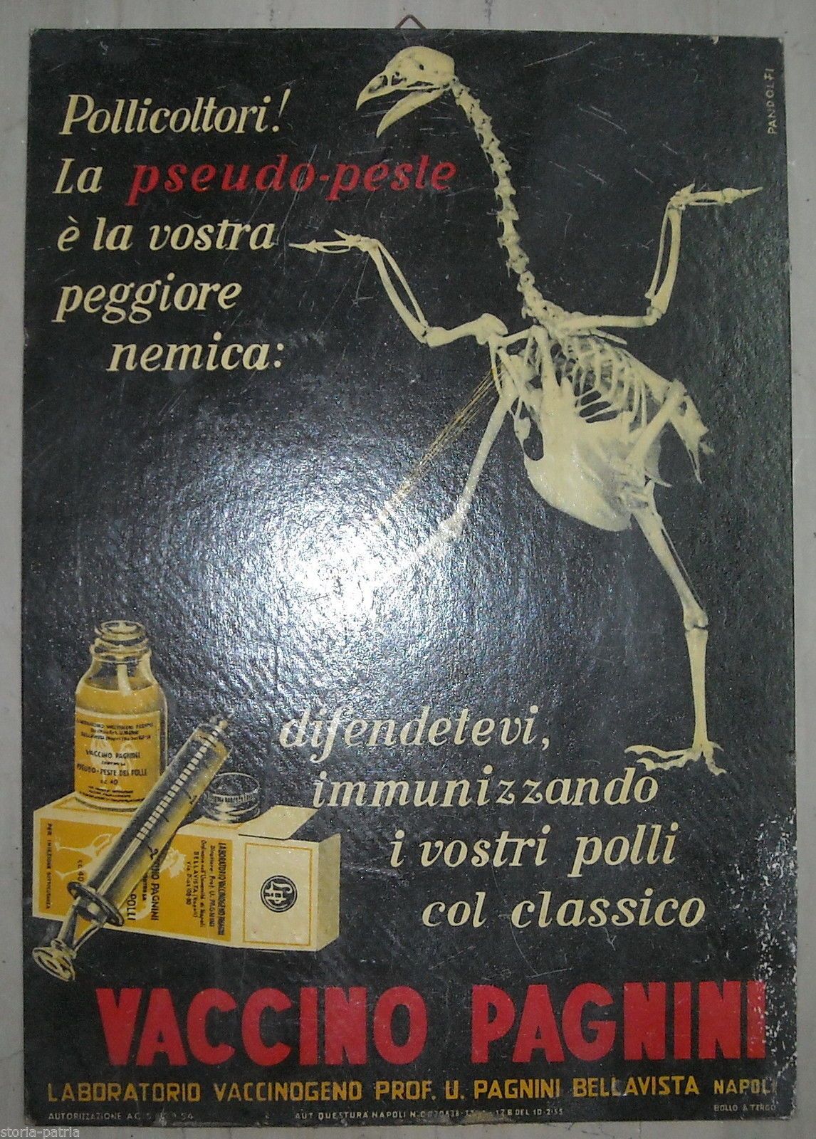 Cartello Pubblicitario Vaccino Pagnini Napoli Anni '50 Veterinaria