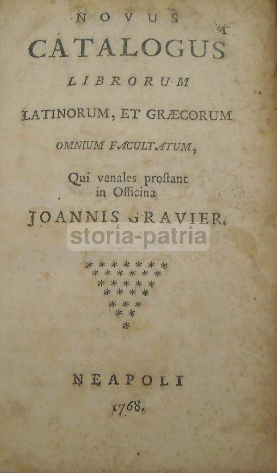 Catalogo Libri Latini, Greci E Francesi Di Jean Gravier, Napoli 1768
