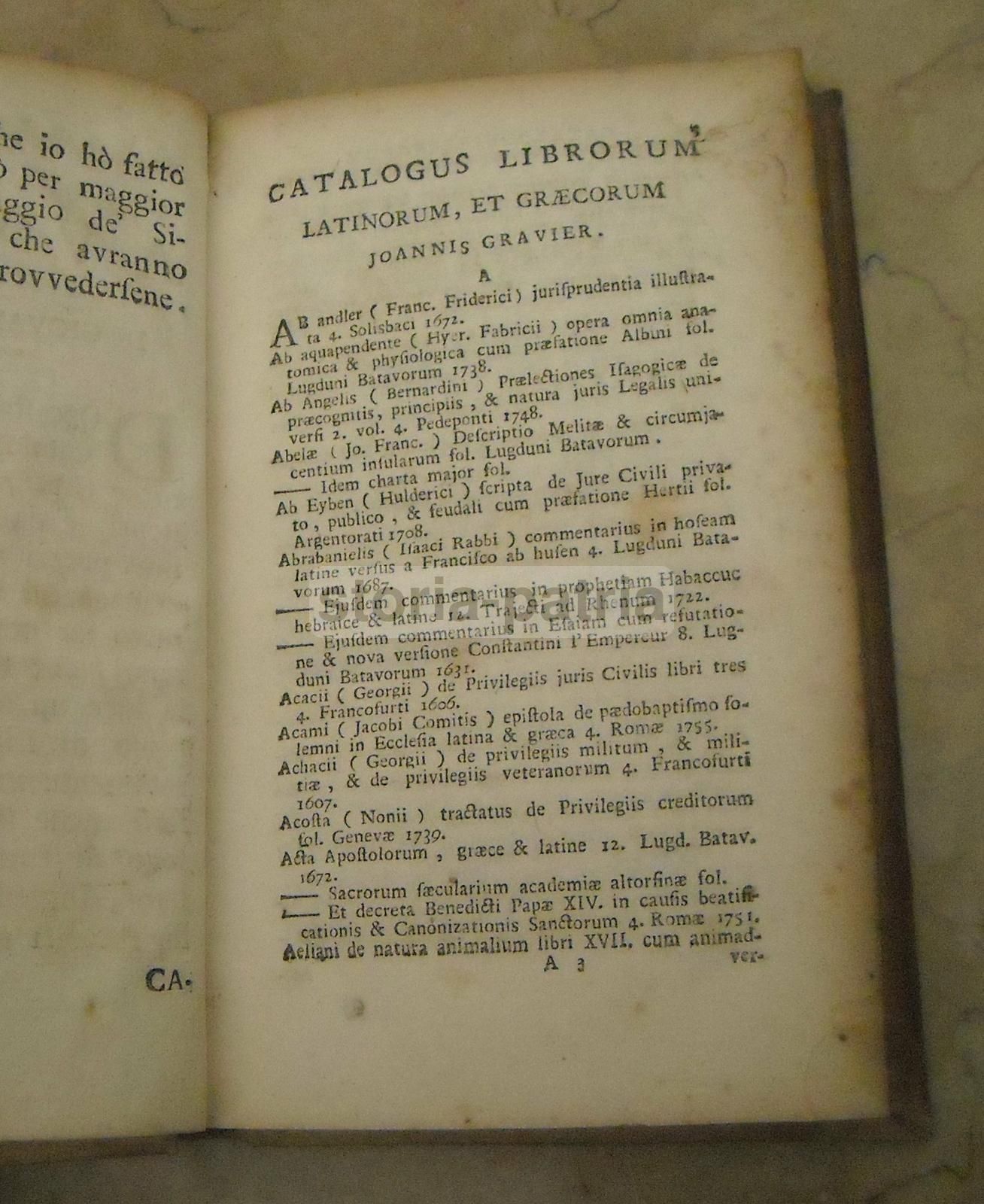Catalogo Libri Latini, Greci E Francesi Di Jean Gravier, Napoli 1768
