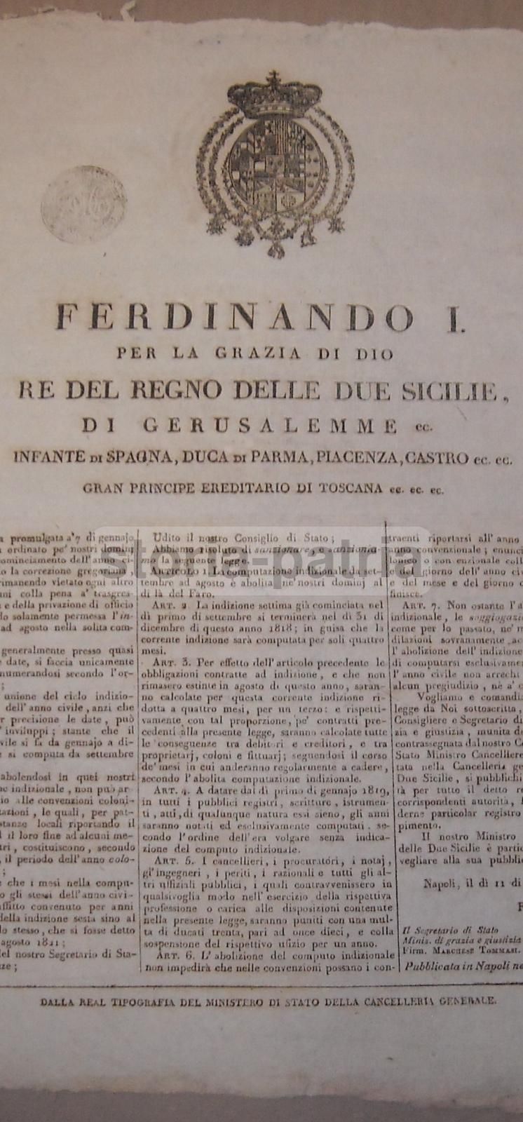 Editto Di Ferdinando I Di Borbone, 1818: Computo Indizionale, Napoli