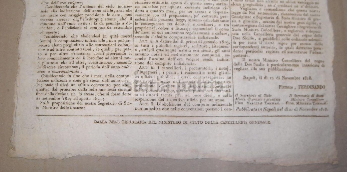 Editto Di Ferdinando I Di Borbone, 1818: Computo Indizionale, Napoli