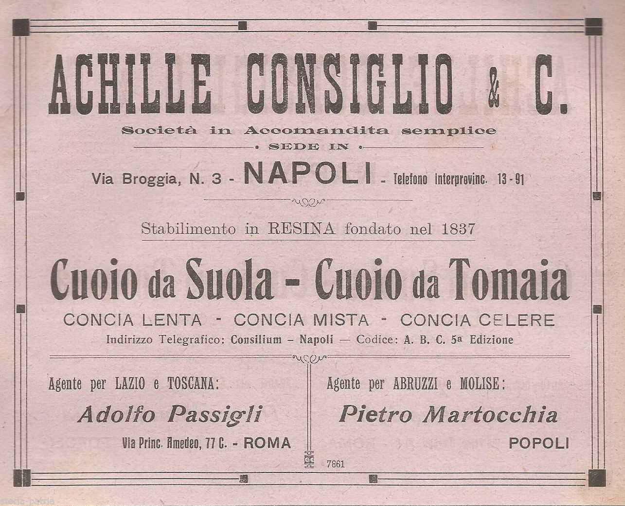 Pubblicità Antica Achille Consiglio Cuoio Calzature Napoli 1922