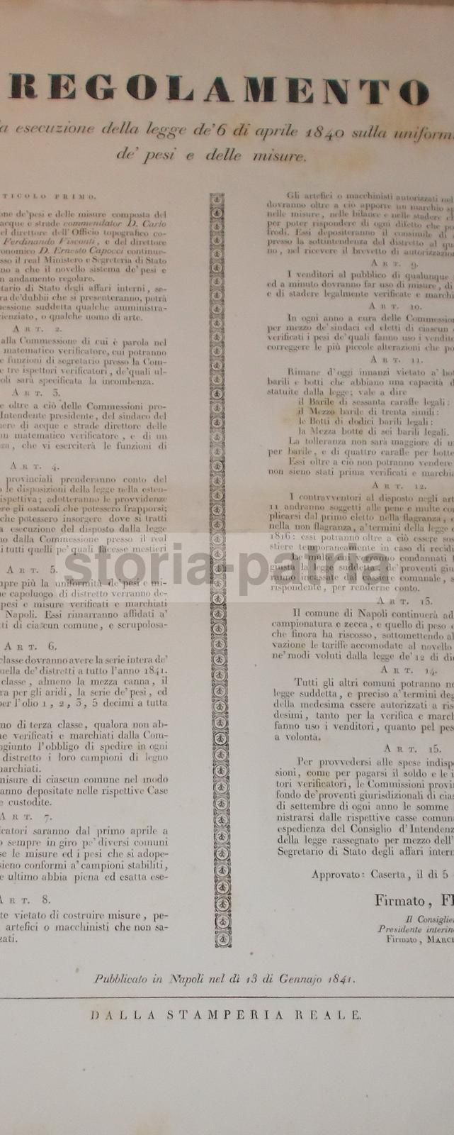 Manifesto Borbonico 1841 Pesi E Misure Napoli Re Ferdinando II