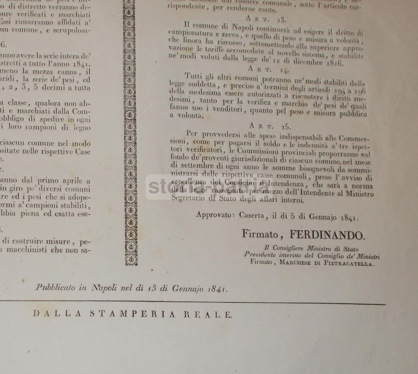 Manifesto Borbonico 1841 Pesi E Misure Napoli Re Ferdinando II