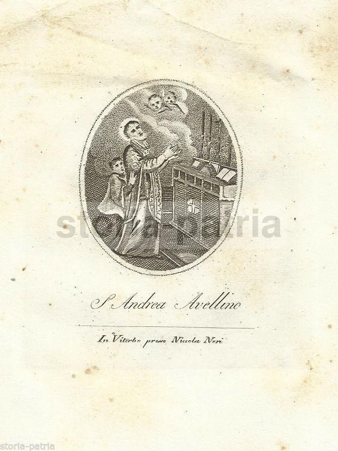 Incisione Antica Di Sant'Andrea Avellino, Stampatore Nicola Neri, Viterbo, Metà Del XIX Secolo