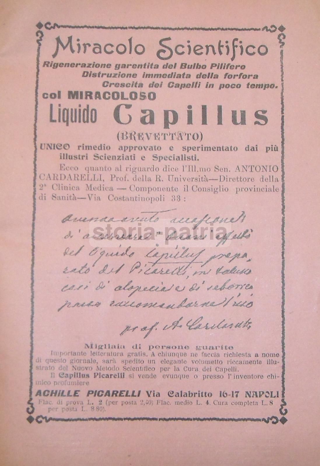 Pubblicità Liquido Capillus Picarelli Napoli, Primo '900