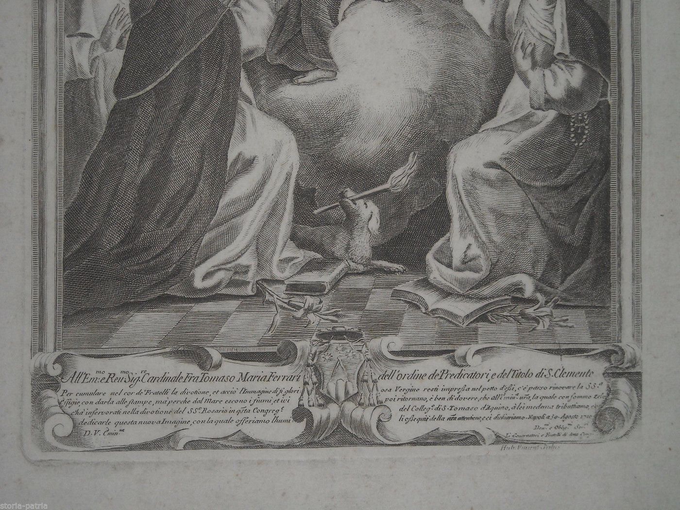 Incisione Madonna Del Rosario, Hubert Vincent, 1710, Napoli, Cardinale Ferrari
