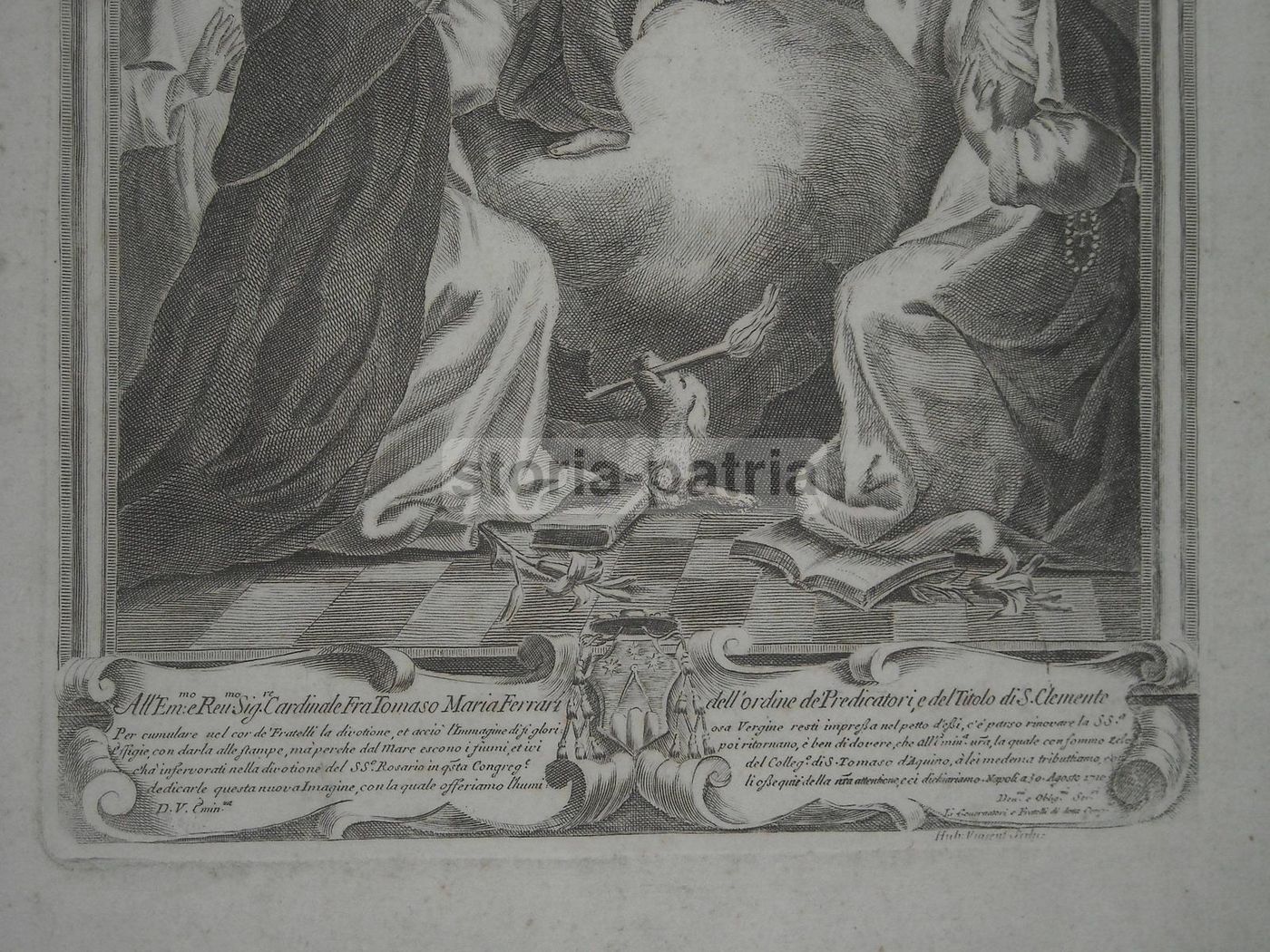 Incisione Madonna Del Rosario, Hubert Vincent, 1710, Napoli, Cardinale Ferrari