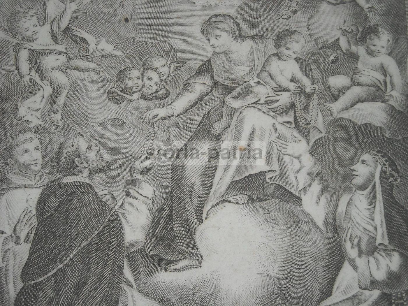 Incisione Madonna Del Rosario, Hubert Vincent, 1710, Napoli, Cardinale Ferrari
