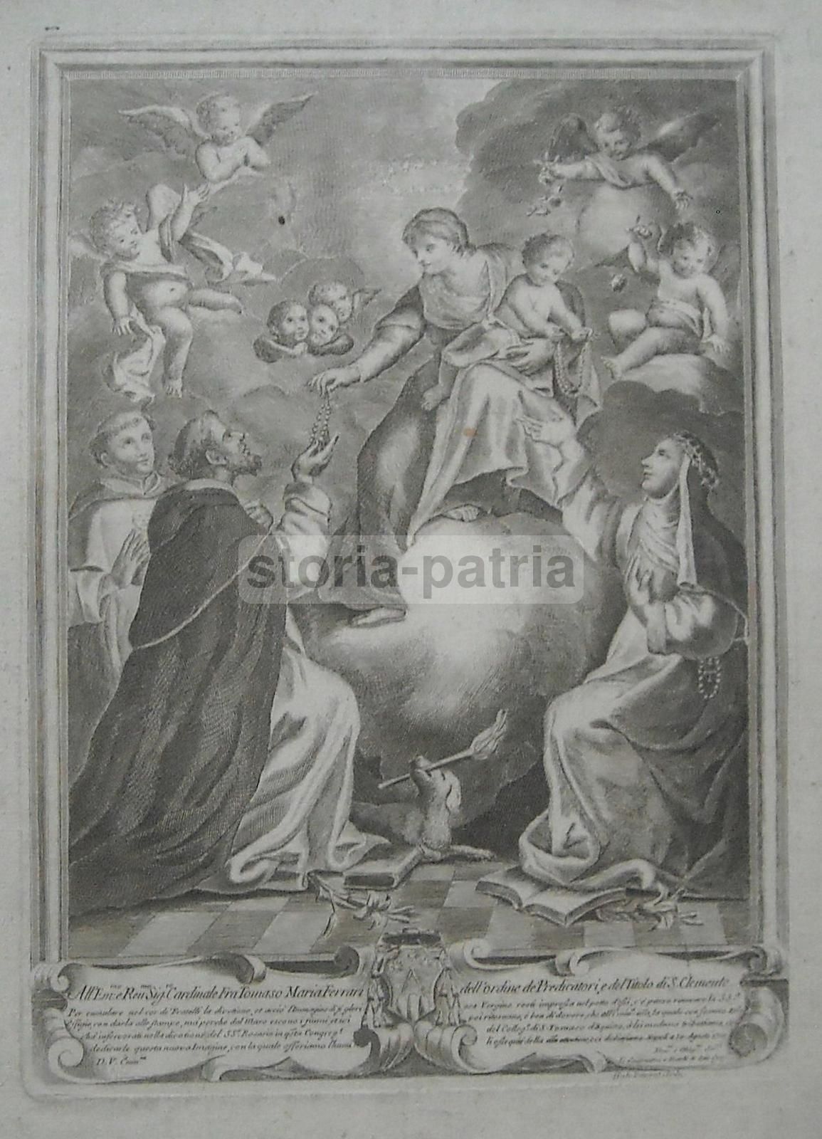 Incisione Madonna Del Rosario, Hubert Vincent, 1710, Napoli, Cardinale Ferrari