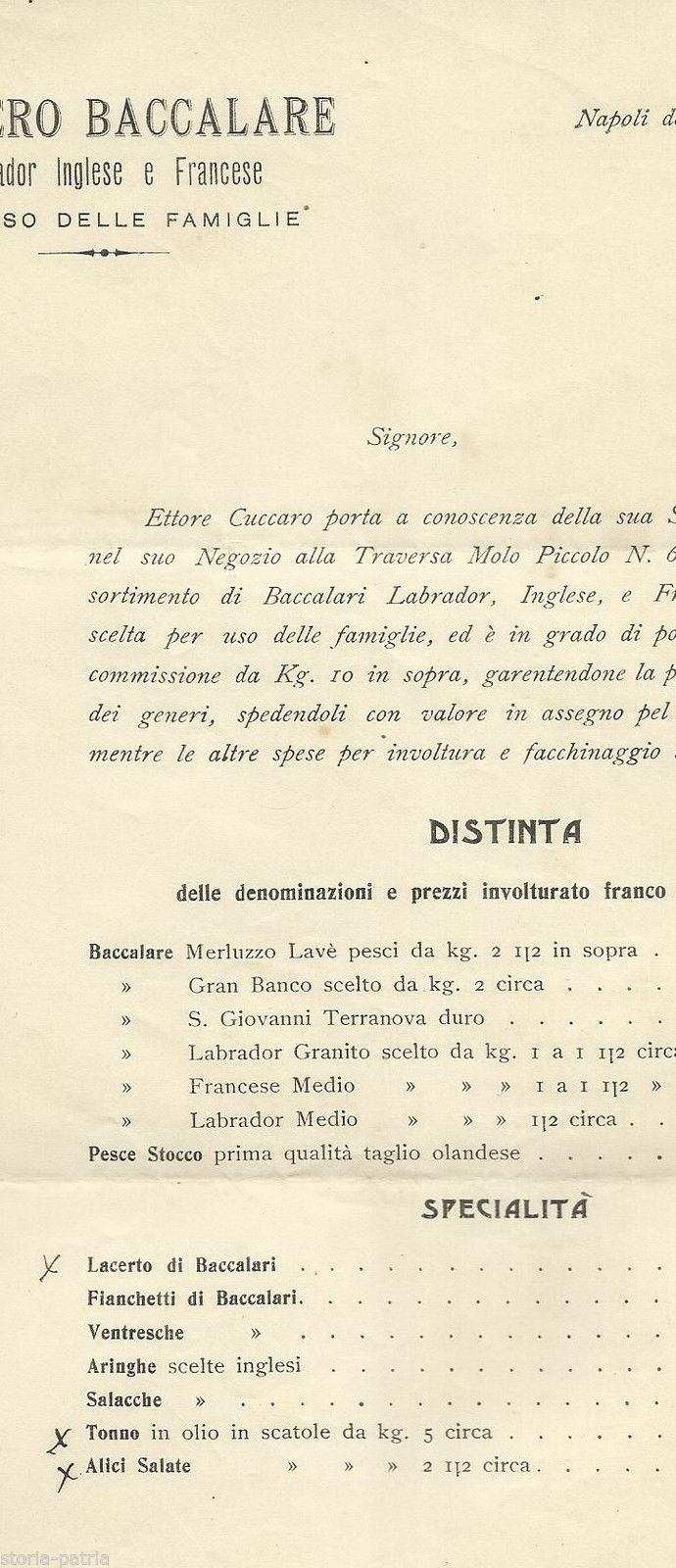 Volantino Pubblicitario Ettore Cuccaro Napoli: Baccalà, Primo '900