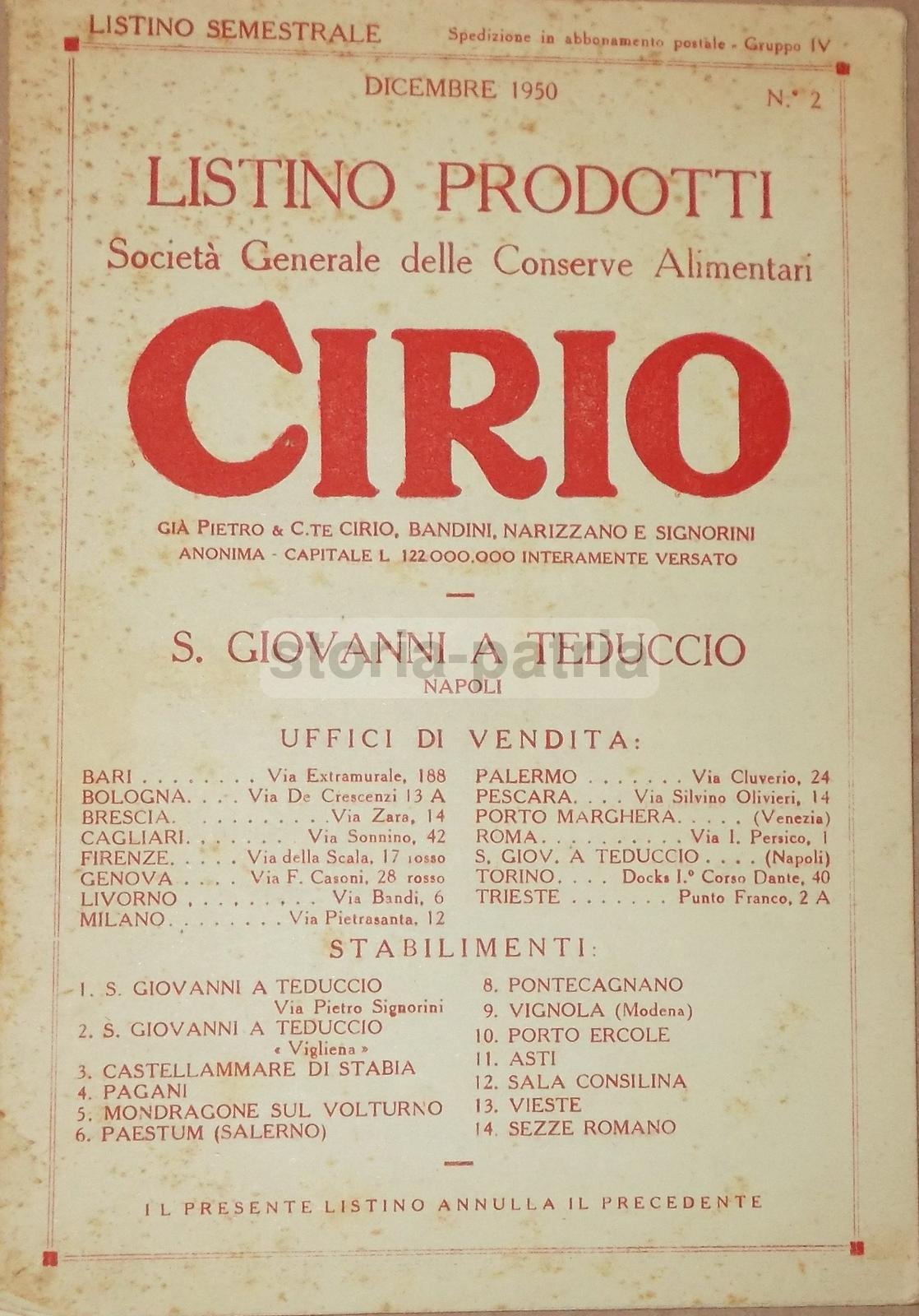 Listino Cirio Napoli 1950: Conserve Alimentari, Legumi E Frutta