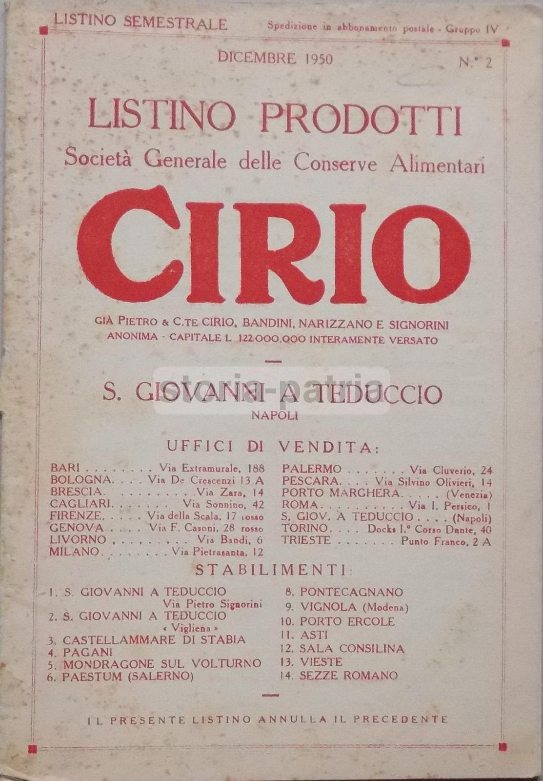 Listino Cirio Napoli 1950: Conserve Alimentari, Legumi E Frutta