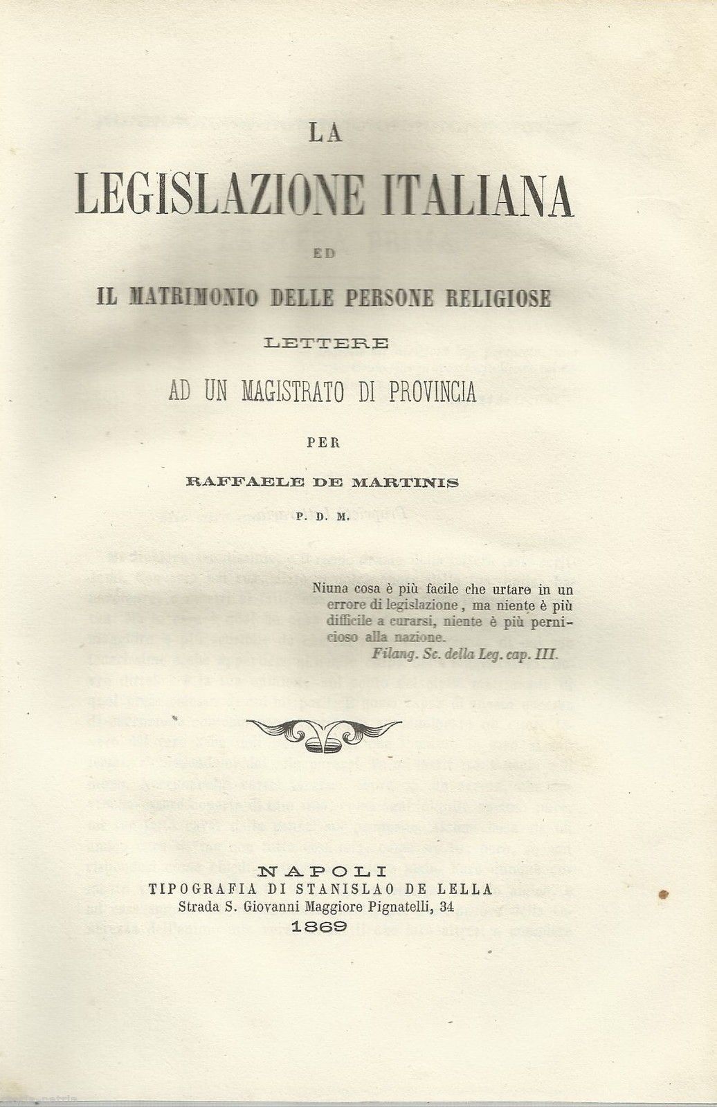 De Martinis Matrimonio Religiosi 1869 Napoli Legislazione Italiana