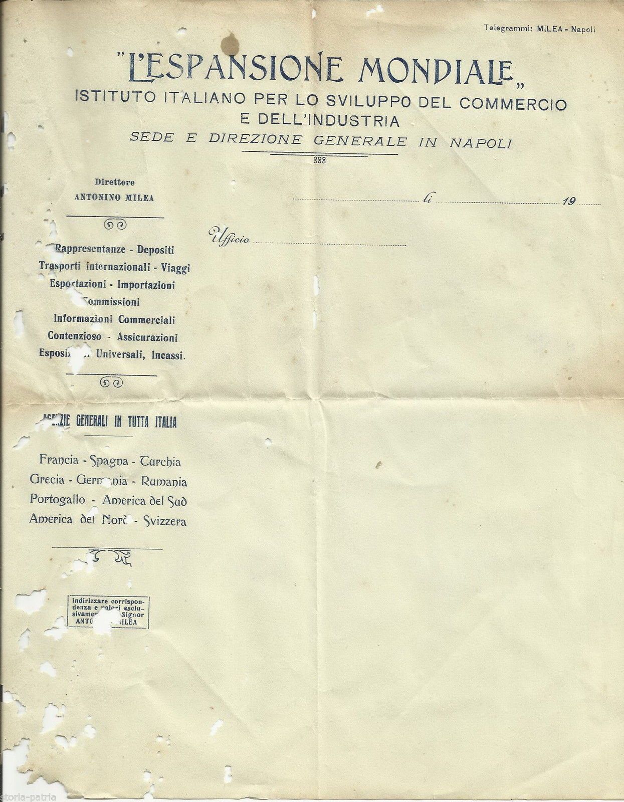 Carta Intestata Istituto Commercio Napoli Antonino Milea 1900