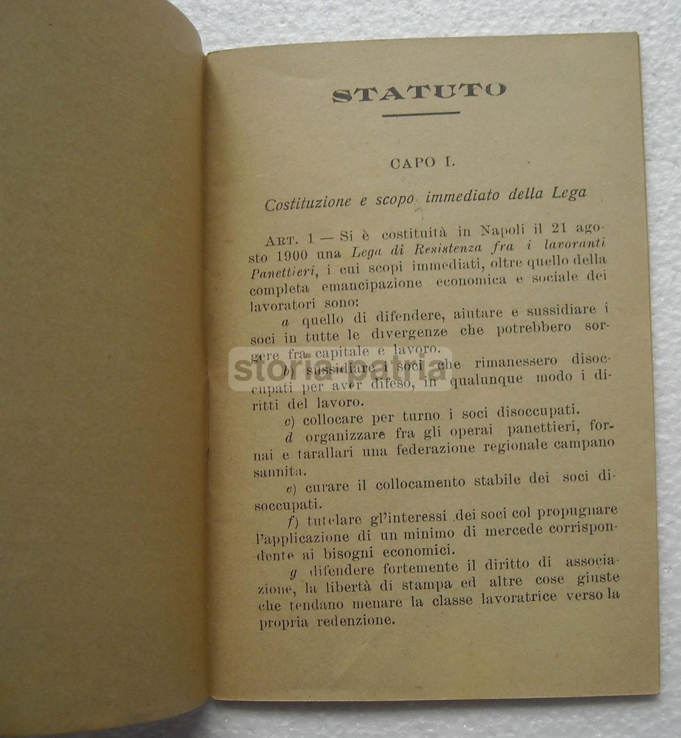 Lega Di Resistenza Panettieri Napoli, Statuto Originale Del 1900