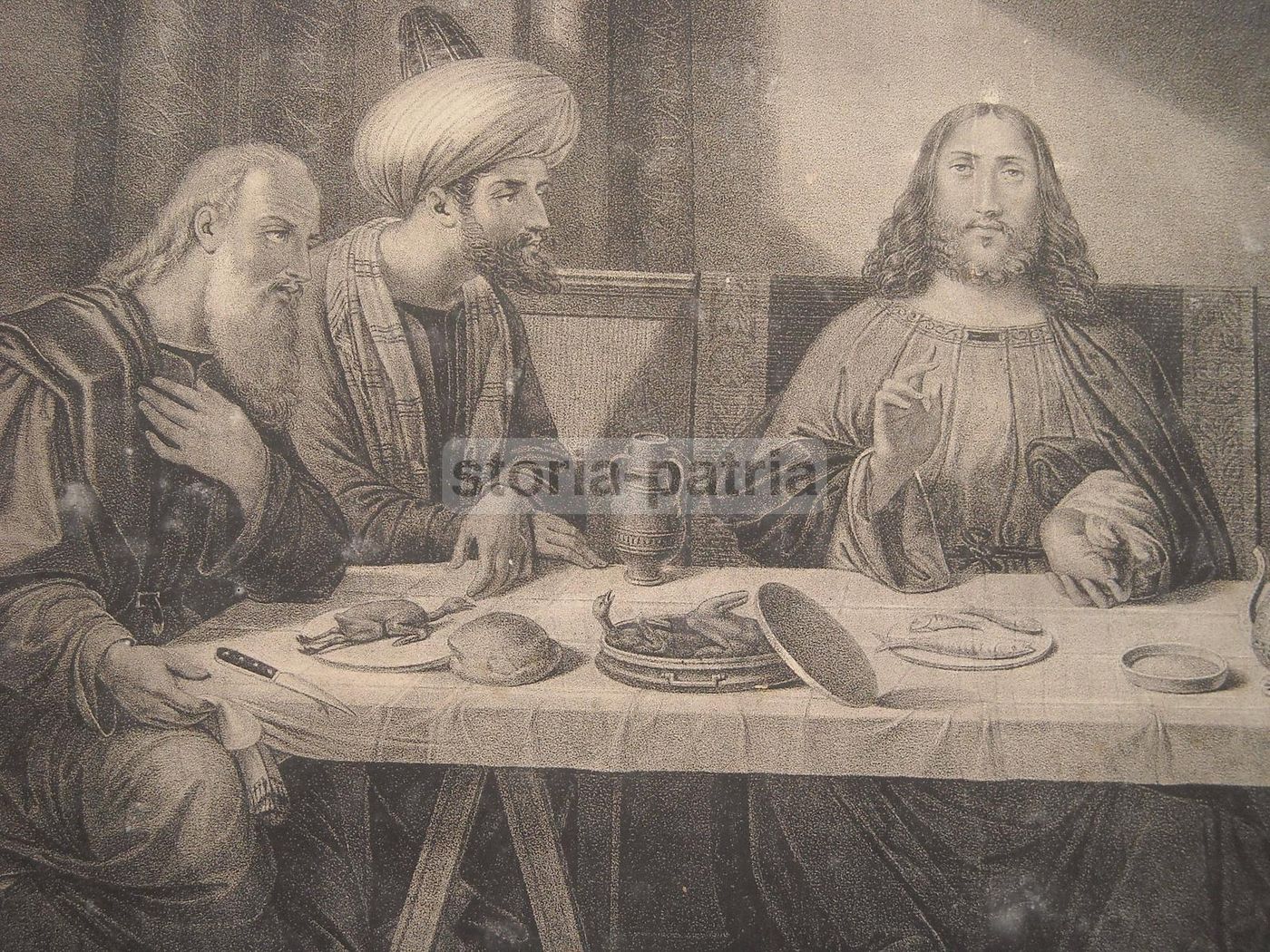 Litografia Gesù A Tavola, Ispirata A Bellini, Galvani, Napoli, Metà XIX Secolo