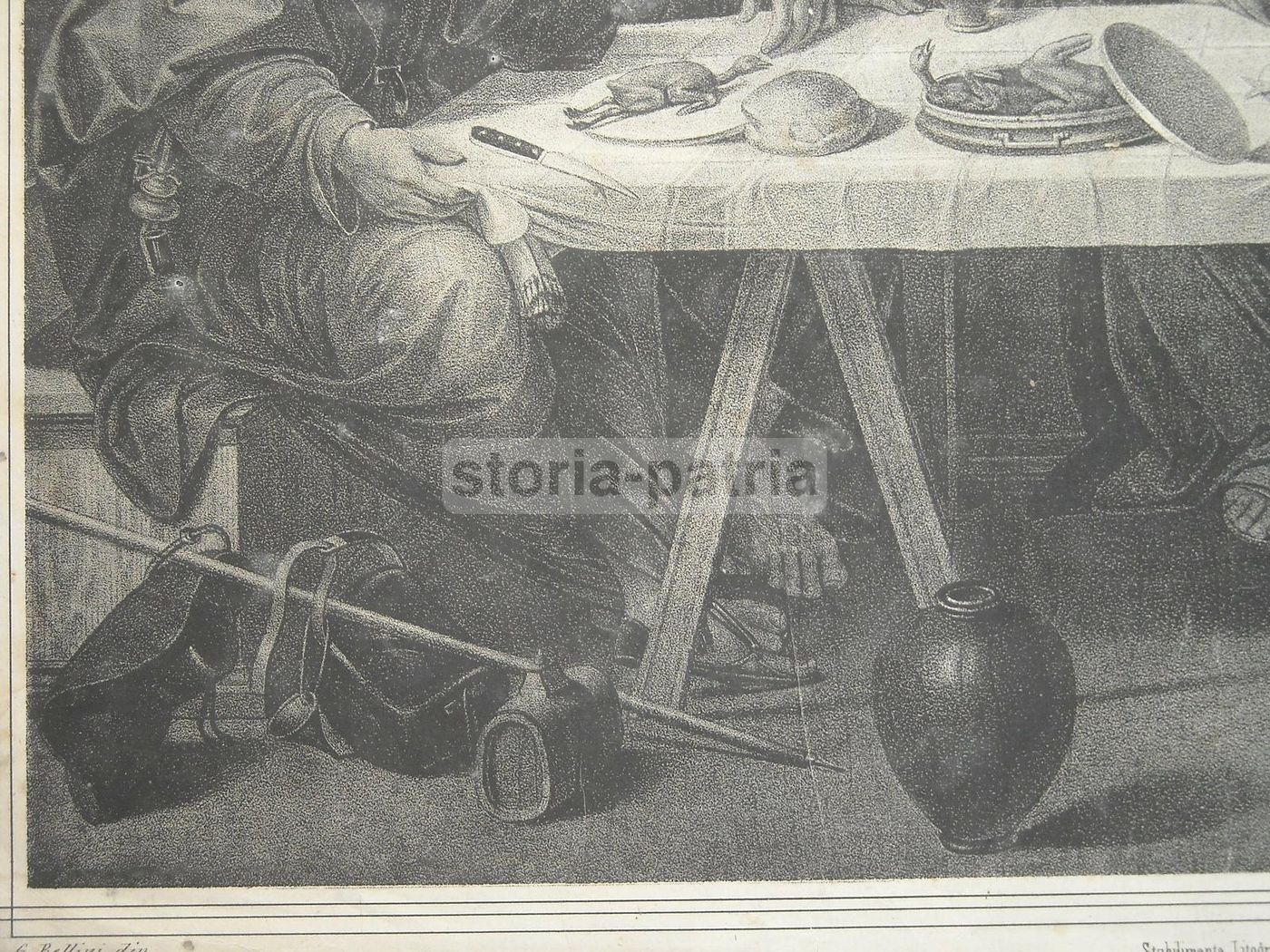 Litografia Gesù A Tavola, Ispirata A Bellini, Galvani, Napoli, Metà XIX Secolo
