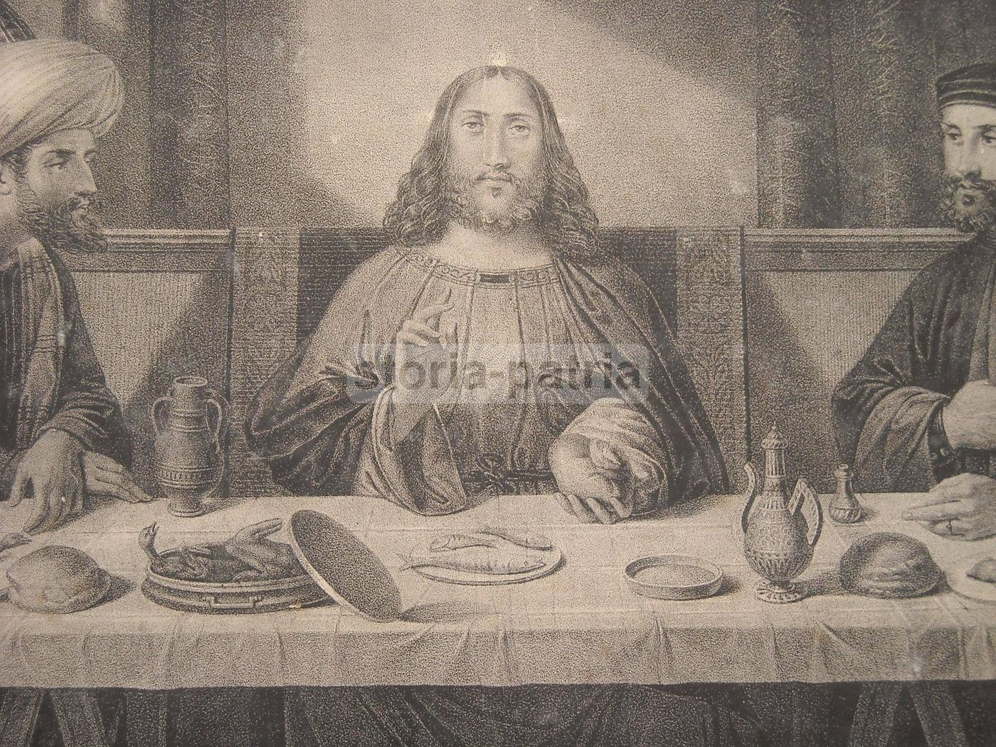 Litografia Gesù A Tavola, Ispirata A Bellini, Galvani, Napoli, Metà XIX Secolo