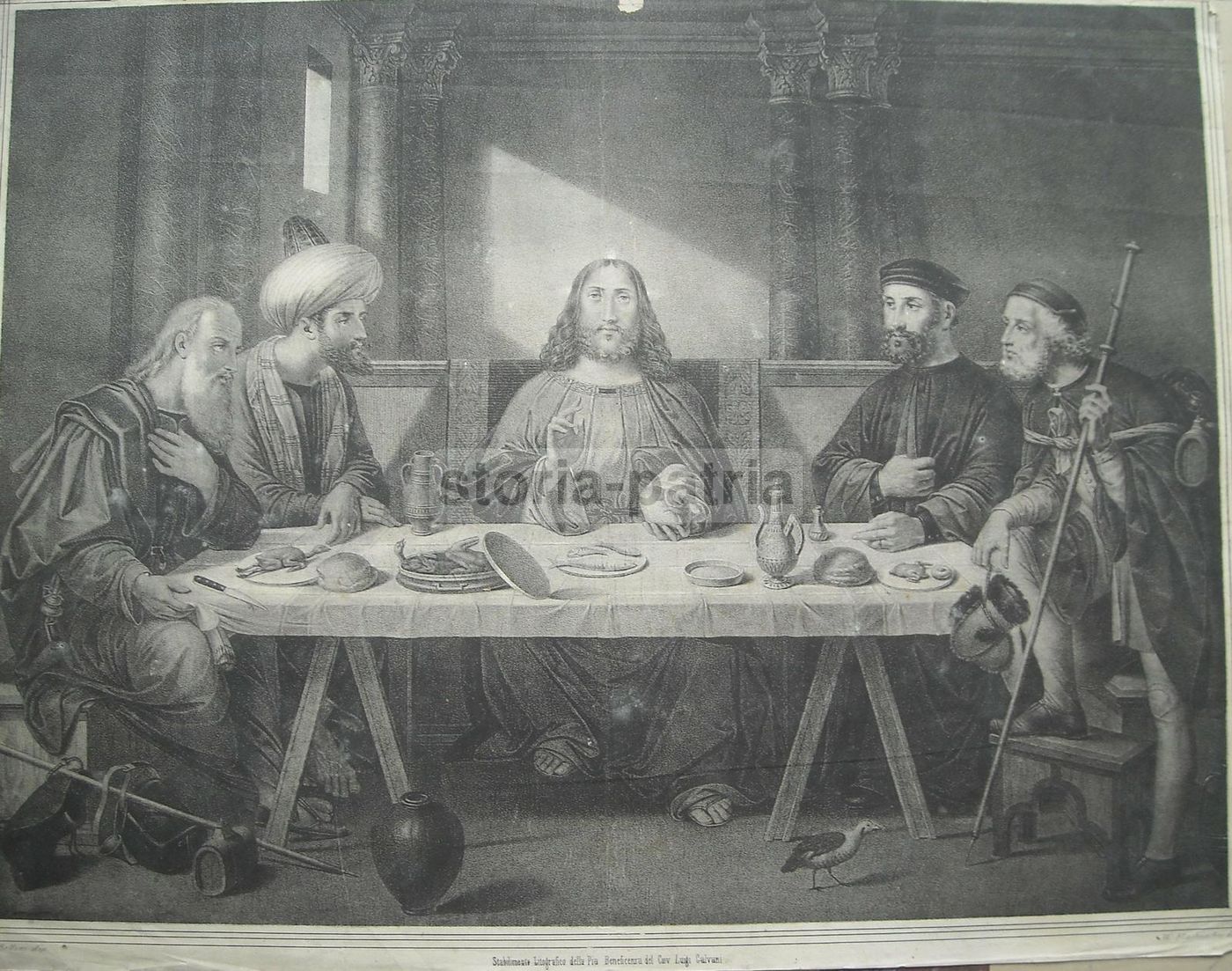 Litografia Gesù A Tavola, Ispirata A Bellini, Galvani, Napoli, Metà XIX Secolo