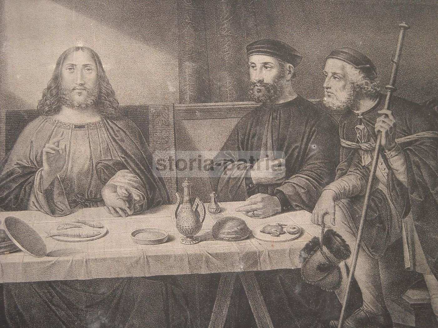 Litografia Gesù A Tavola, Ispirata A Bellini, Galvani, Napoli, Metà XIX Secolo