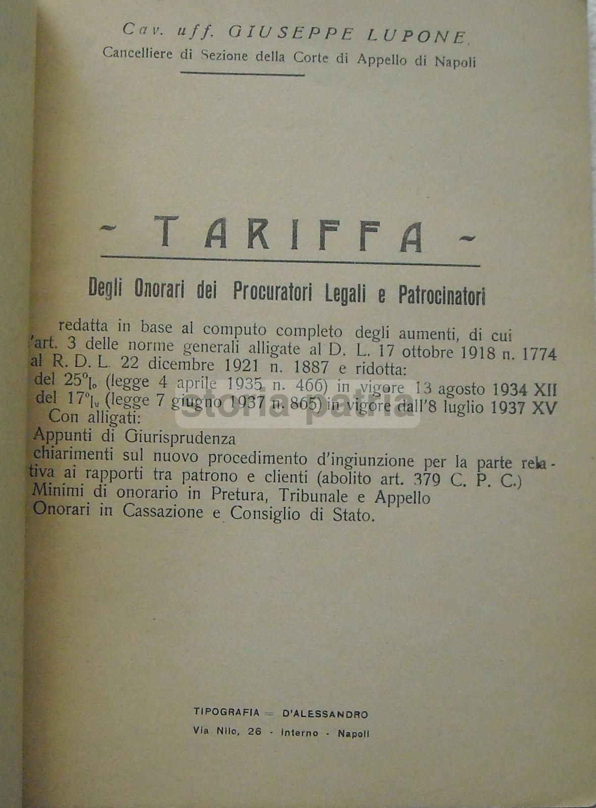 Tariffa Onorari Procuratori Legali Napoli Lupone 1940 d'Alessandro