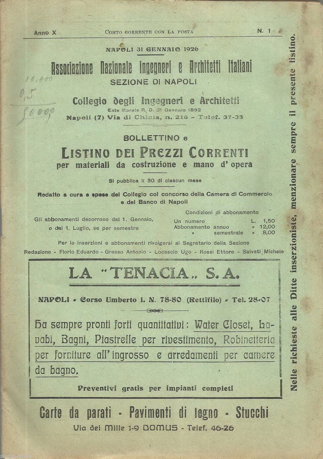 Bollettino Ingegneri Architetti Napoli 1926 Prezzi Edilizia