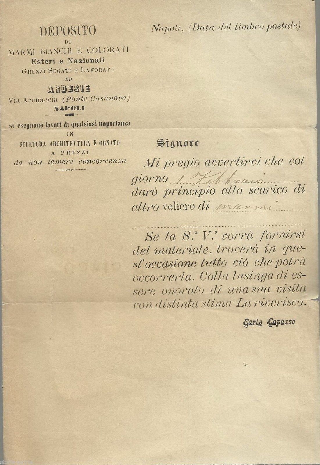 Pubblicità Carlo Capasso Marmi Napoli Fine '800 Lettera Postale