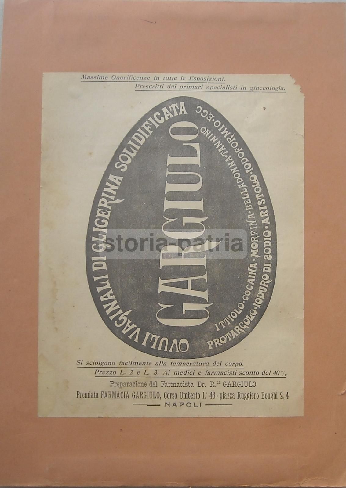 Napoli Farmacia Gargiulo Ovuli Vaginali Pubblicità Antica 1910