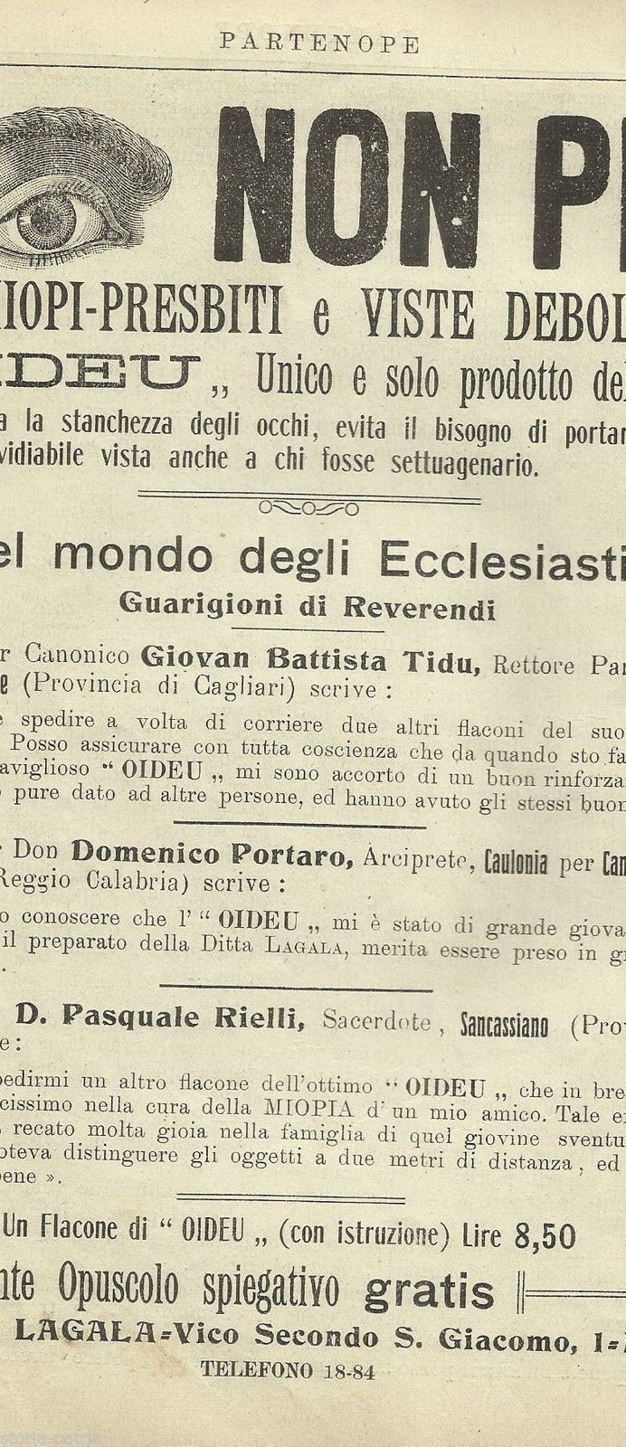 Pubblicità Collirio Oideu Napoli 1912 Medicina Oculistica Epoca
