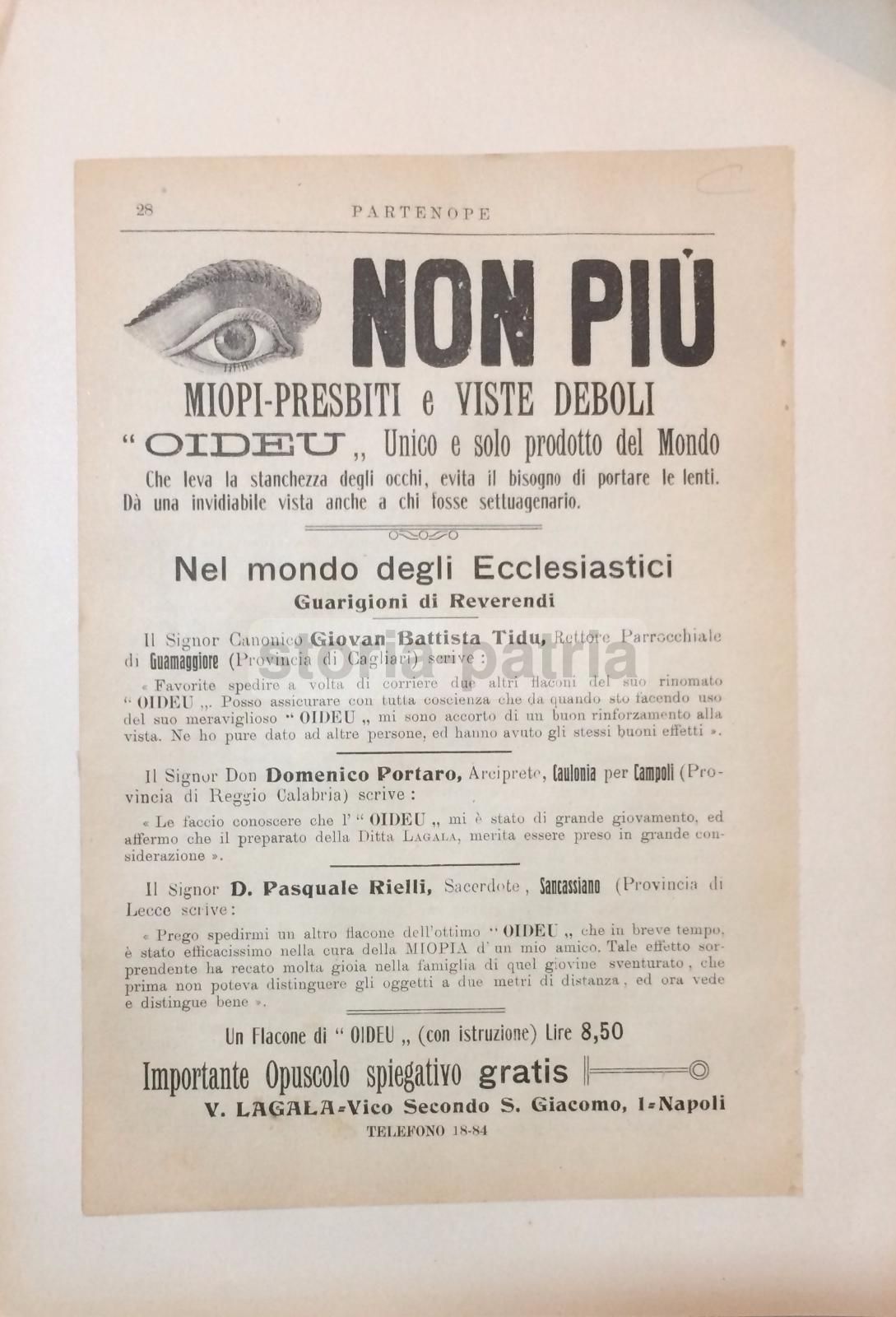 Pubblicità Collirio Oideu Napoli 1912 Medicina Oculistica Epoca