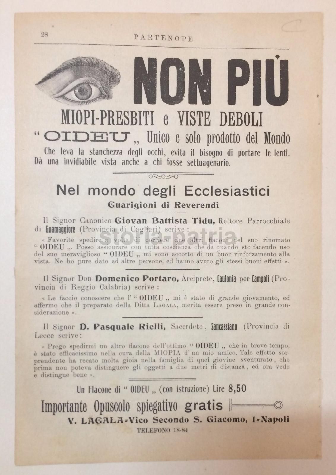 Pubblicità Collirio Oideu Napoli 1912 Medicina Oculistica Epoca