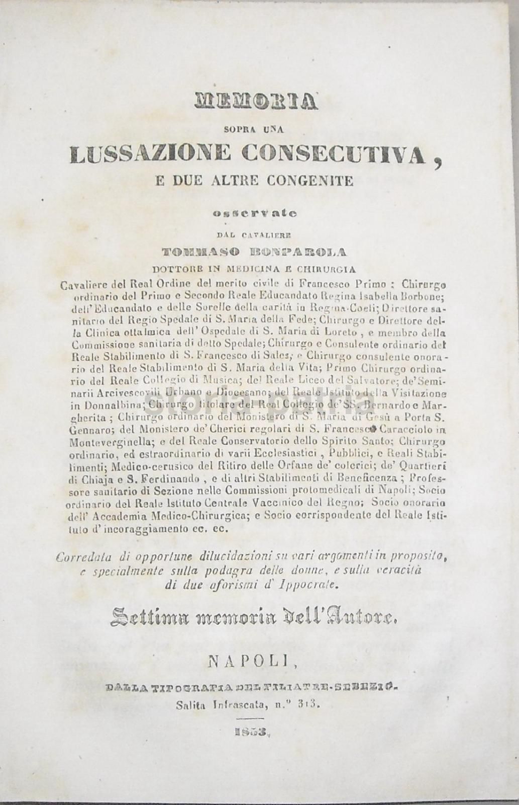Bonparola, Lussazione Consecutiva, Napoli, 1853, Ortopedia E Medicina