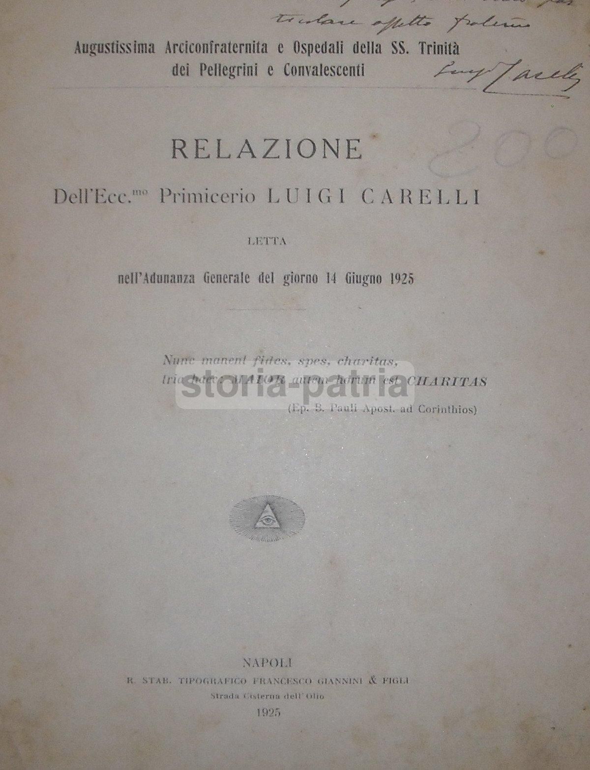 Relazione Carelli: Arciconfraternita Della Santissima Trinità Dei Pellegrini, Napoli 1925