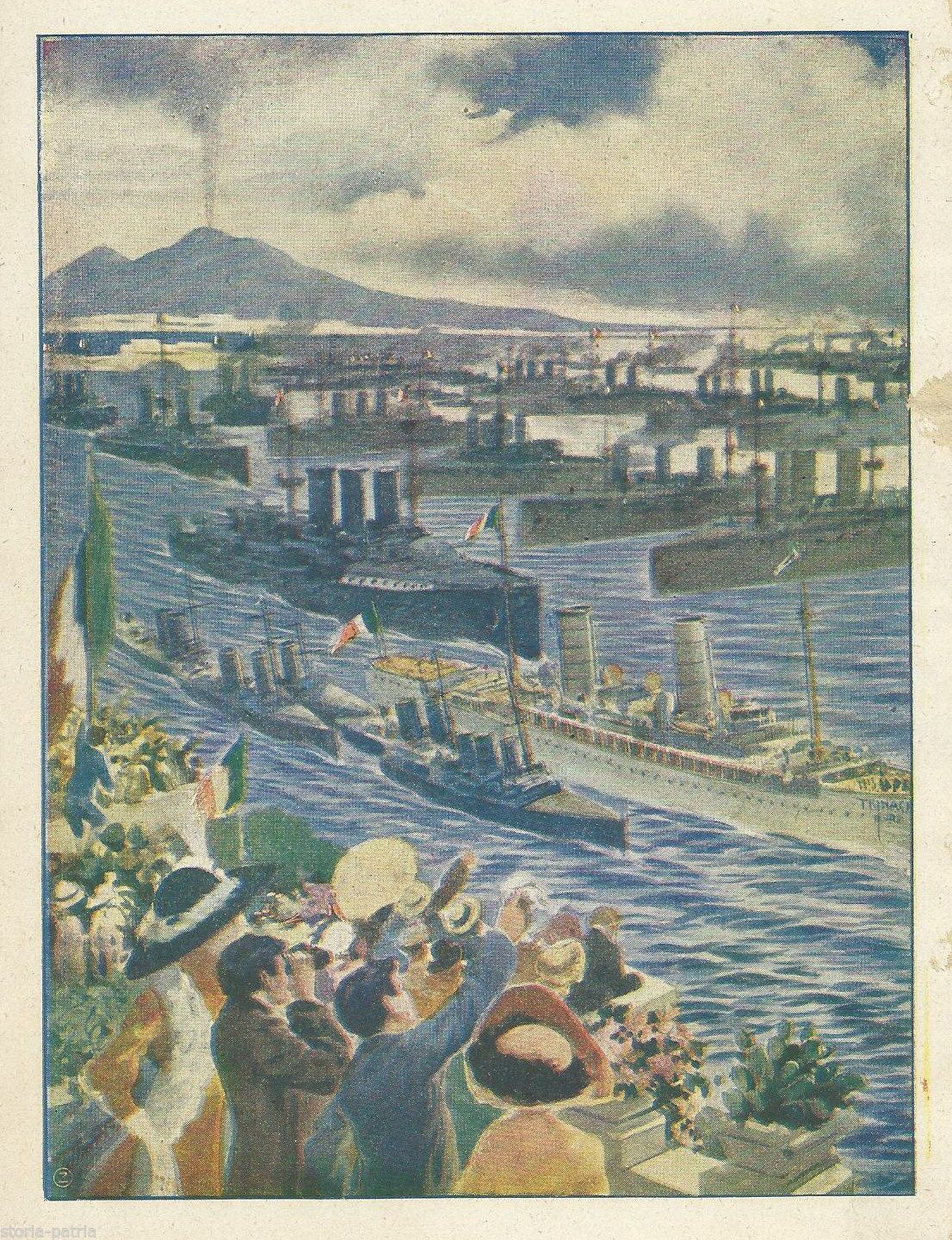 Stampa Antica Della Flotta Italiana Nel Porto Di Napoli
